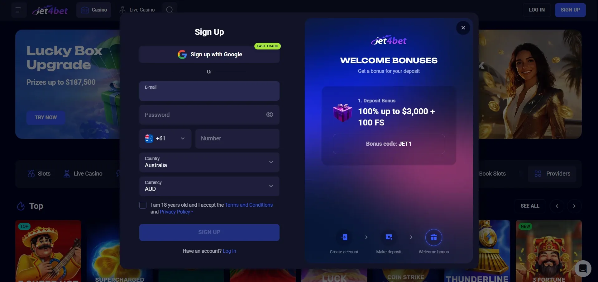 Jet4bet Casino sign up